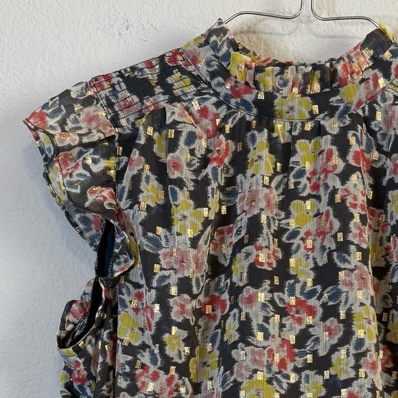 Loft Floral Smocked Ruffled Cap Sleeve Lightweight Dark Floral Shirt Blouse Sz S - Picture 4 of 12